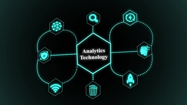 Analytics technology illustration with centralized data hub, intelligent system connections, automated processing flow, and modern digital architecture.