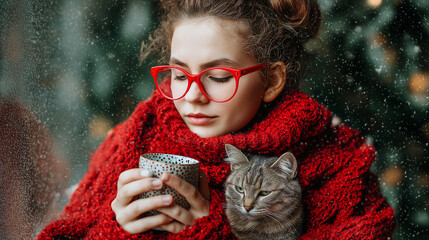 Young Woman in Red Scarf with Cat and Hot Drink by Window in Winter Snowfall