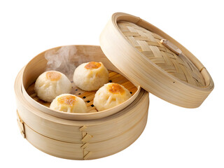 Steamed dumplings in a bamboo steamer basket with hot steam rising