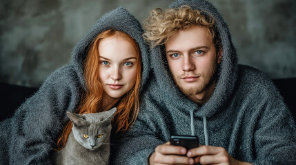 Cozy Couple with Gray Cat Relaxing Together in Warm Clothes Indoors