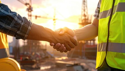 Handshake Between Construction Workers at Sunset, Symbolizing Partnership and Collaboration in the Building Industry on a Construction Site