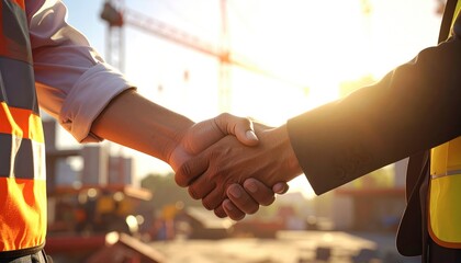Business handshake between construction worker and executive in a busy construction site at sunset showcasing teamwork and collaboration in the industry