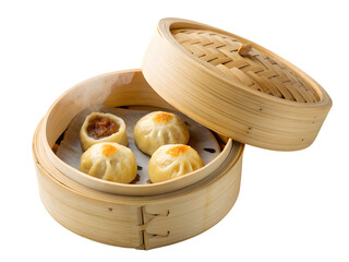 Steamed dumplings in bamboo steamer basket on white background for Asian cuisine