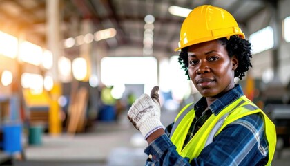 Confident female construction worker giving thumbs up in bright safety gear inside modern industrial workspace, showcasing empowerment and professionalism.