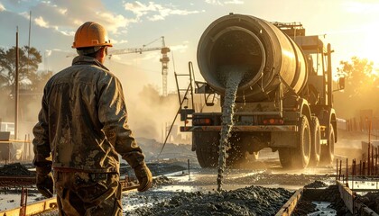 Worker in Safety Gear Supervises Concrete Pouring from Truck at Construction Site During Sunrise in Urban Environment