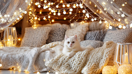 White fluffy cat on cozy bed with glowing lights and festive pillows