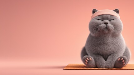 Cat practices meditation pose with calm posture. Animal wellness concept supports pet lifestyle branding. Humor and balance idea for relaxation themes