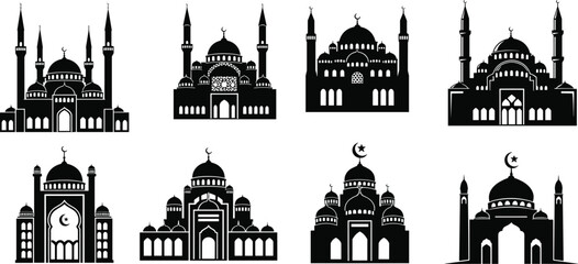 Mosque silhouette collection, Islamic architecture, dome and minaret, religious structure, cultural heritage, sacred design, cad drawing flat vector illustration