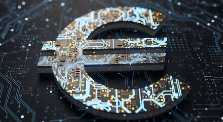 Digital Euro symbol with glowing circuit board design, embodying the future of European finance, advanced financial technology, and secure electronic transactions