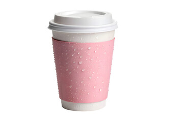 Pink coffee cup with white lid and sleeve, condensation drops on a white background