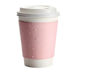 Disposable coffee cup with pink sleeve and condensation on white background