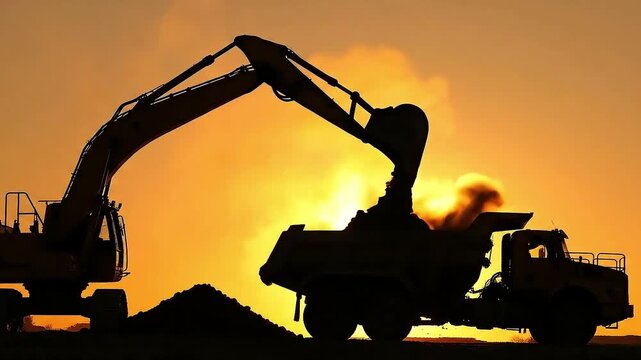 Silhouette of heavy excavator machine loading dirt into large dump truck against bright orange sunset sky