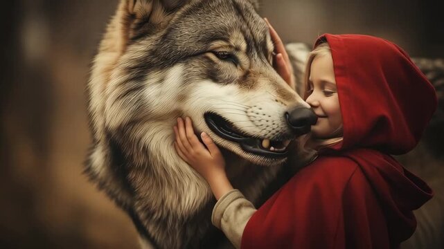 Little red riding hood girl interacting with a wolf. Fantasy animal friendship. Concept of fairytale and harmony with nature.