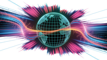 Vibrant digital globe with colorful streaks isolated on white background representing global connections and technology