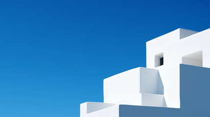 Minimal white building architecture against deep blue clear sky