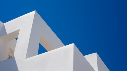 Minimal white building architecture against deep blue clear sky