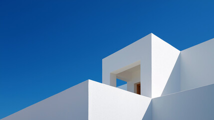 Minimal white building architecture against deep blue clear sky