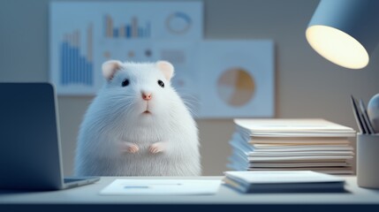 Hamster at a minimalist desk represents small business pressure and entry level work challenges. Concept supports startup culture, productivity stress and workplace humor.