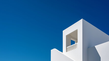 Minimal white building architecture against deep blue clear sky