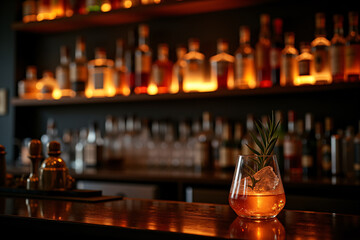 Cocktail with pineapple garnish on bar counter with illuminated liquor shelf