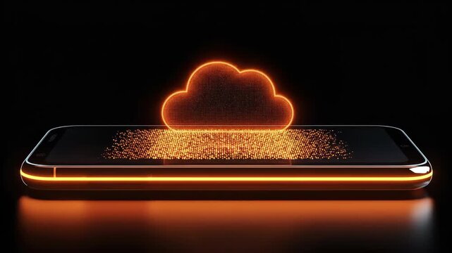 Data transfer from cloud to phone. Cloud storage syncing to mobile device screen. Digital technology concept for data management and connectivity. - Powered by Adobe
