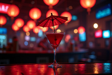 Red cocktail with umbrella on bar counter with lantern lights in background