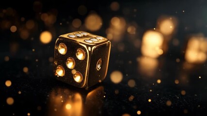 Golden dice spinning and landing on a dark surface with bokeh lights. Casino game and fortune symbol. - Powered by Adobe