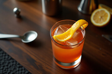 Whiskey cocktail with orange peel garnish on wooden table