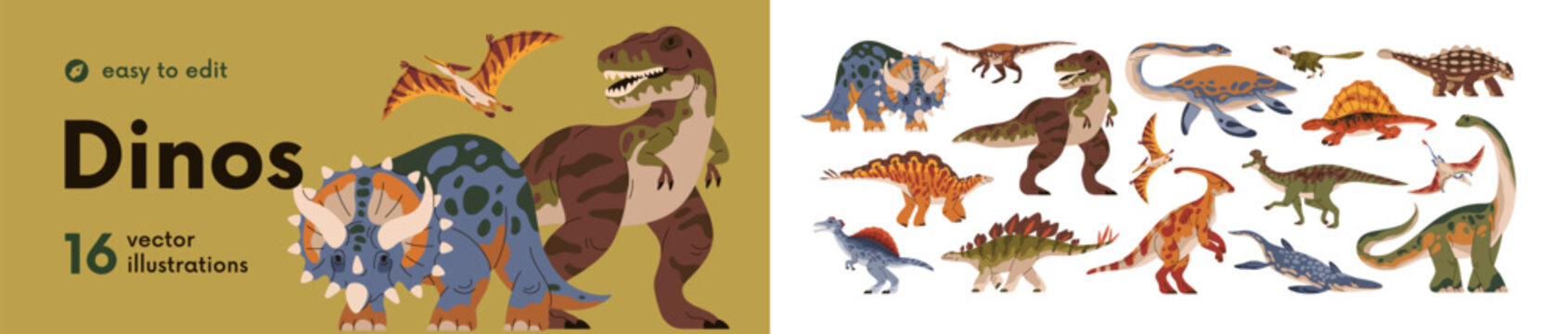 Dinosaurs, ancient reptiles, prehistoric animals set. Different species of extinct reptilian raptors of prehistory Jurassic period. Realistic flat vector illustration isolated on white background.