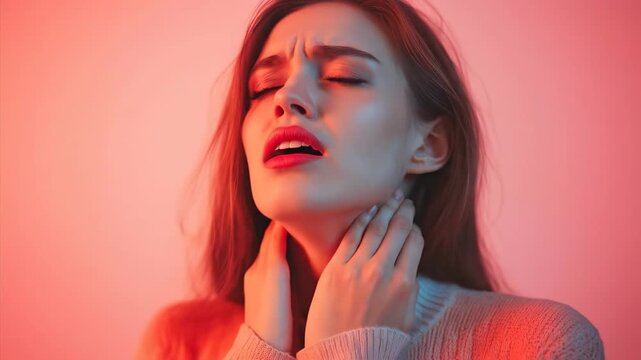 A woman suffering from ear pain, neck pain, and a sore throat, showing discomfort and illness concept for medical or pharmaceutical use.