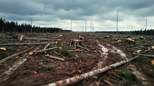 Deforestation Aftermath Showing Tree Stumps and Muddy Ground