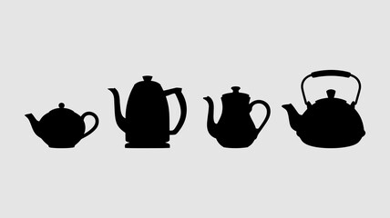 a minimalist arrangement showcases four distinct silhouettes of teapots and a small tea cup in black against a light gray backdrop high quality professional detailed modern