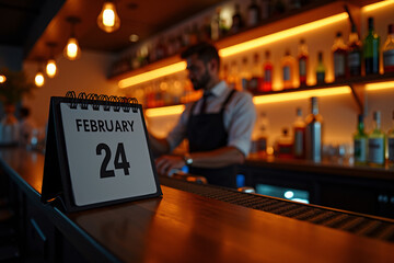 February 24th calendar with bartender in blurred background