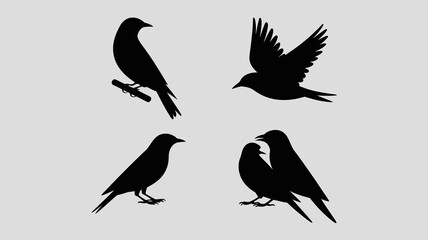 Obraz premium a minimalist depiction showcasing four silhouetted birds in various flight and perched positions against a plain grayscale background high quality professional detailed modern elegant stylish clean