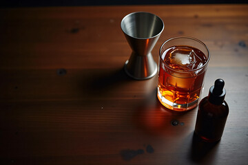 Whiskey drink with ice and bar tools on wooden table