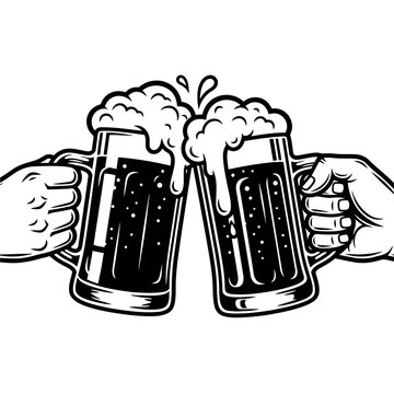 Two overflowing mugs of beverage clinking together