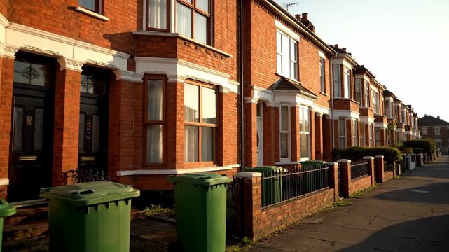 Row of Brick Terraced Houses - A low angle shot showcases a row of red brick terraced houses along a street, featuring protruding bay windows and green wheelie bins in front of some of the properties.