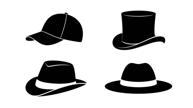 a simple illustration displays four distinct types of hats in a stark black and white color scheme showcasing a baseball cap top hat fedora and