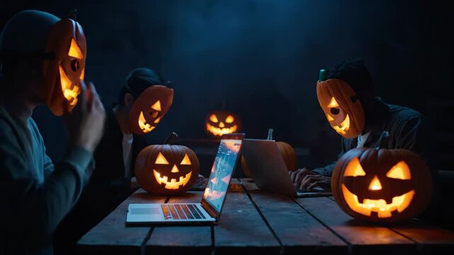 Halloween Hackers at Work - Three people wearing pumpkin masks work on laptops at a wooden table surrounded by jack-o'-lanterns in a dark, spooky environment.