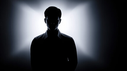 Silhouette of Man Standing in Dramatic Backlight with Dark Background