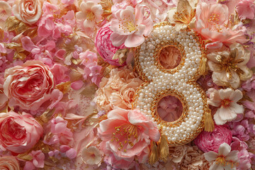 Celebration for a child turning eight years old with flowers and decorations in soft colors and a focal point on number eight