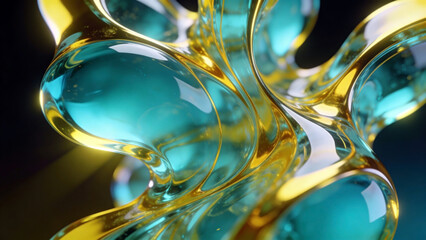 A mesmerizing close-up of abstract 3D-rendered glossy forms in turquoise and gold, with fluid, intertwined organic shapes and luminous reflections