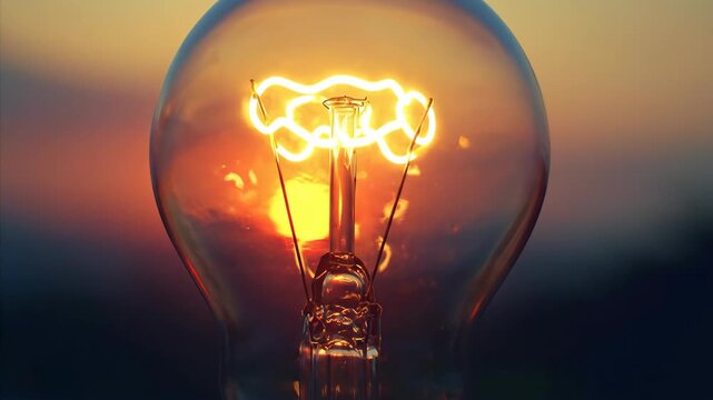 Light bulb filament glows brightly against a blurred sunset backdrop, symbolizing innovation and energy.
