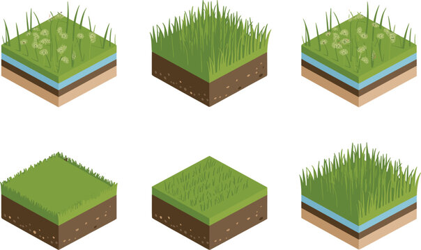 Isometric soil blocks with green grass and flowers vector set, land ground cross sections for gardening
