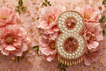 Decorative design of number eight made of pearls among pink flowers and floral details for celebration event decoration