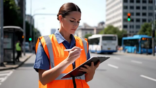 Traffic Warden on Duty - A female traffic warden is standing in the middle of the street, wearing an orange high-visibility vest.