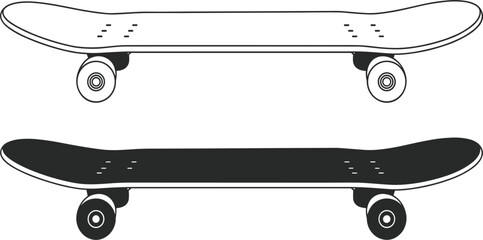 Skateboard vector illustration set, black and white deck outlines for extreme sports and urban street culture © MdMajnur