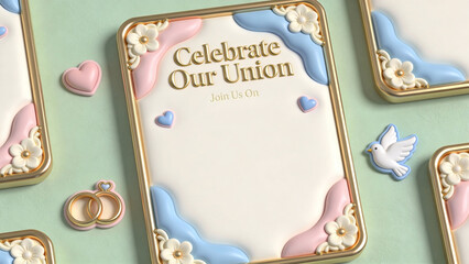 Whimsical pastel wedding invitation card with gold-embossed text Celebrate Our Union, adorned with pink and blue wavy accents, white flowers, hearts, a dove, and gold rings on a mint green background