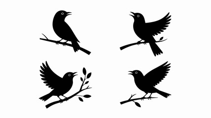 Obraz premium a minimalist depiction showcases four black bird silhouettes perched on slender branches creating a simple yet elegant natural composition high quality professional detailed modern stylish clean