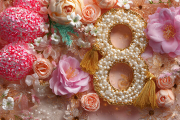 Decorative birthday number eight surrounded by flowers and colorful balls on a light surface